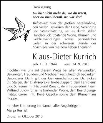 Traueranzeige von Klaus-Dieter Kurrich von Mitteldeutsche Zeitung Köthen
