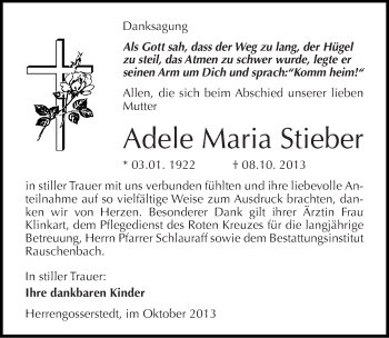 Traueranzeige von Adele Maria Stieber von Mitteldeutsche Zeitung Naumburg/Nebra