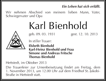 Traueranzeige von Karl Bienhold von Mitteldeutsche Zeitung Mansfelder Land