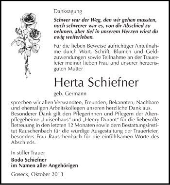 Traueranzeige von Herta Schiefner von Mitteldeutsche Zeitung