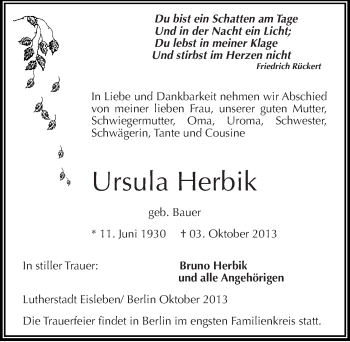 Traueranzeige von Ursula Herbik von Mitteldeutsche Zeitung Mansfelder Land