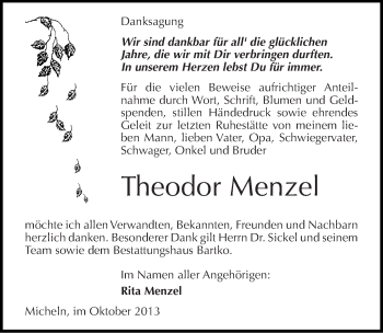Traueranzeige von Theodor Menzel von Mitteldeutsche Zeitung Köthen