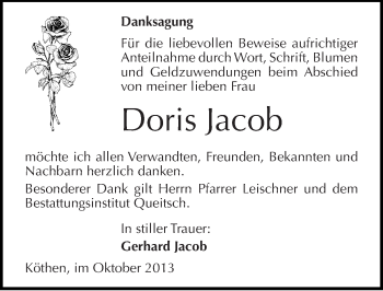 Traueranzeige von Doris Jacob von Mitteldeutsche Zeitung Köthen