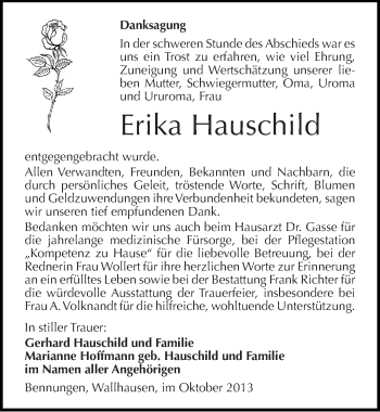 Traueranzeige von Erika Hauschild von Mitteldeutsche Zeitung Sangerhausen