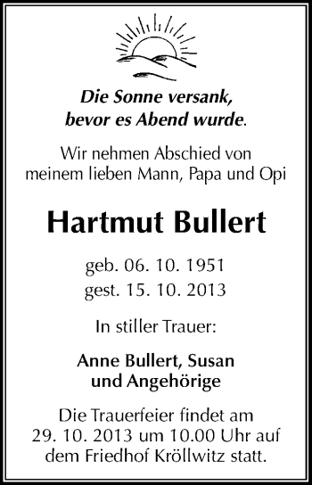 Traueranzeige von Hartmut Bullert von Mitteldeutsche Zeitung Halle/Saalkreis