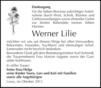 Traueranzeige von Werner Lilie von Mitteldeutsche Zeitung Naumburg/Nebra