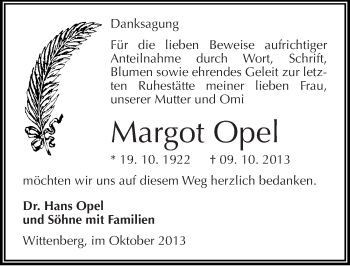 Traueranzeige von Margot Opel von Mitteldeutsche Zeitung Wittenberg