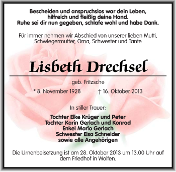 Traueranzeige von Lisbeth Drechsel von Mitteldeutsche Zeitung Bitterfeld