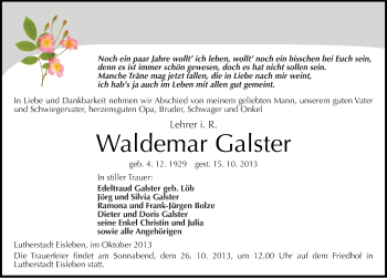 Traueranzeige von Waldemar Galster von Mitteldeutsche Zeitung Mansfelder Land
