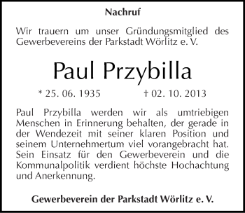 Traueranzeige von Paul Przybilla von Mitteldeutsche Zeitung Wittenberg