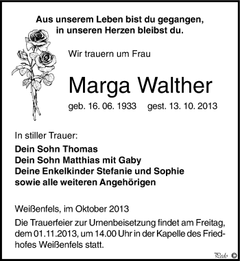 Traueranzeige von Marga Walther von Mitteldeutsche Zeitung Weißenfels