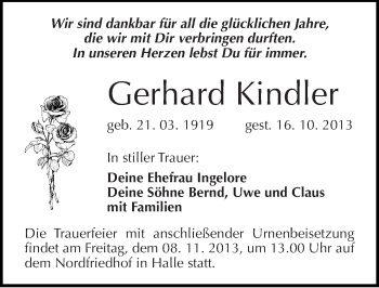 Traueranzeige von Gerhard Kindler von Mitteldeutsche Zeitung Halle/Saalkreis
