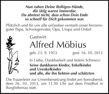 Traueranzeige von Alfred Möbius von Mitteldeutsche Zeitung