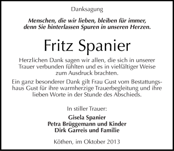 Traueranzeige von Fritz Spanier von Mitteldeutsche Zeitung Köthen