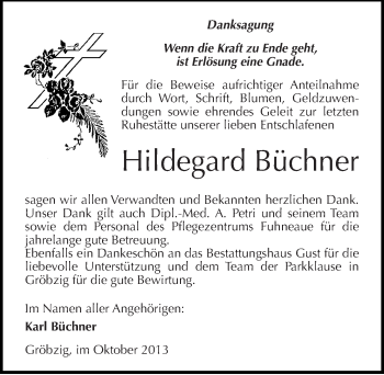 Traueranzeige von Hildegard Büchner von Mitteldeutsche Zeitung Köthen