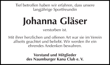 Traueranzeige von Johanna Gläser von Mitteldeutsche Zeitung Naumburg/Nebra