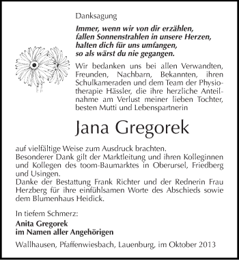 Traueranzeige von Jana Gregorek von Mitteldeutsche Zeitung Sangerhausen