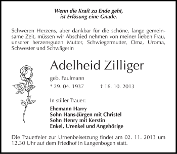 Traueranzeige von Adelheid Zilliger von Mitteldeutsche Zeitung Halle/Saalkreis