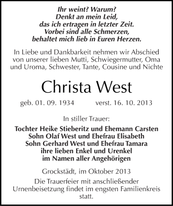 Traueranzeige von Christa West von Mitteldeutsche Zeitung Merseburg/Querfurt