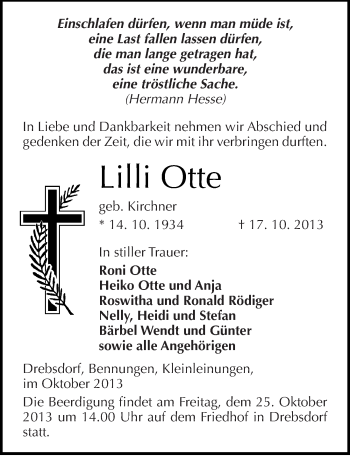 Traueranzeige von Lilli Otte von Mitteldeutsche Zeitung Sangerhausen