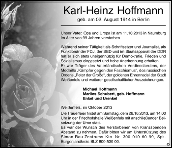 Traueranzeige von Karl-Heinz Hoffmann von Mitteldeutsche Zeitung Weißenfels