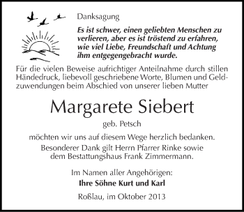Traueranzeige von Margarete Siebert von Mitteldeutsche Zeitung Dessau-Roßlau