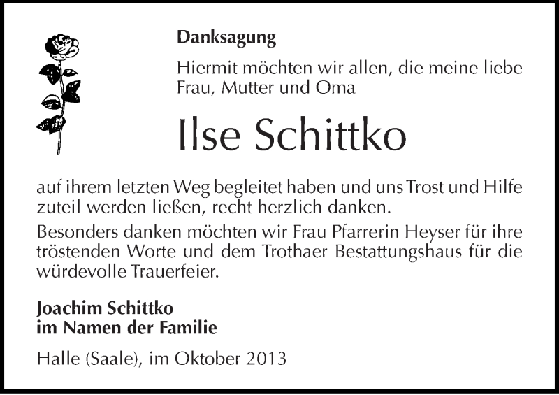  Traueranzeige für Ilse Schittko vom 19.10.2013 aus Mitteldeutsche Zeitung Halle/Saalkreis