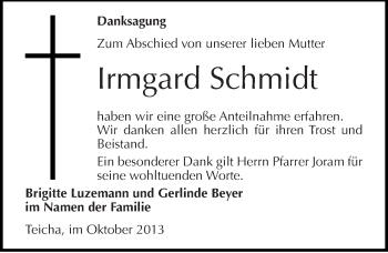Traueranzeige von Irmgard Schmidt von Mitteldeutsche Zeitung Halle/Saalkreis