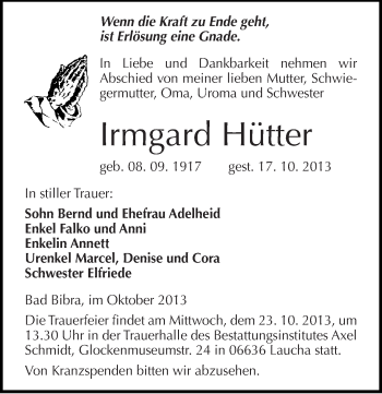 Traueranzeige von Irmgard Hütter von Mitteldeutsche Zeitung Naumburg/Nebra