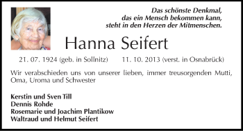 Traueranzeige von Hanna Seifert von Mitteldeutsche Zeitung Dessau-Roßlau