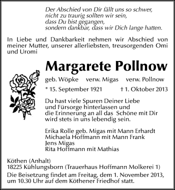 Traueranzeige von Margarete Pollnow von Mitteldeutsche Zeitung Köthen
