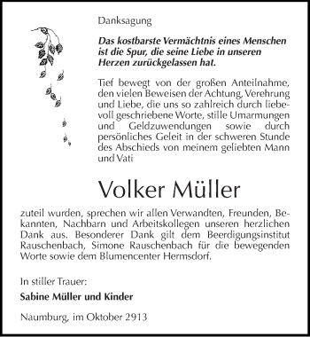 Traueranzeige von Volker Müller von Mitteldeutsche Zeitung Naumburg/Nebra