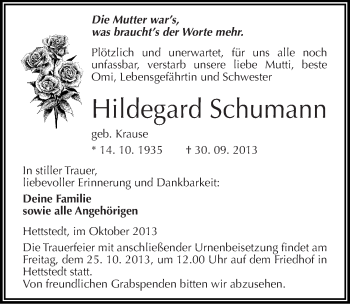 Traueranzeige von Hildegard Schumann von Mitteldeutsche Zeitung Mansfelder Land