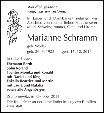 Traueranzeige von Marianne Schramm von Mitteldeutsche Zeitung Wittenberg