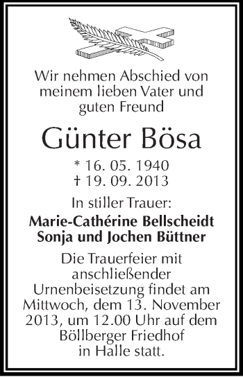Traueranzeige von Günter Bösa von Mitteldeutsche Zeitung Halle/Saalkreis
