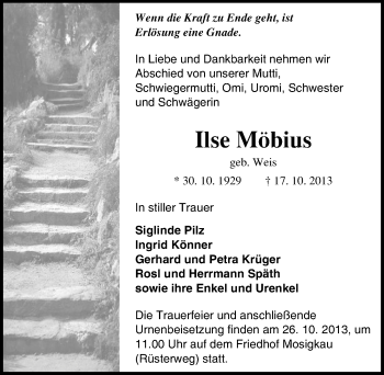 Traueranzeige von Ilse Möbius von Mitteldeutsche Zeitung Dessau-Roßlau