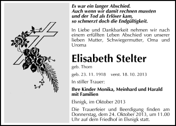 Traueranzeige von Elisabeth Stelter von Mitteldeutsche Zeitung Köthen