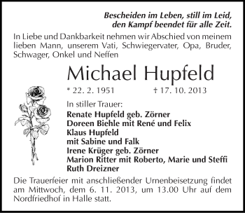 Traueranzeige von Michael Hupfeld von Mitteldeutsche Zeitung Halle/Saalkreis
