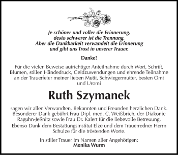 Traueranzeige von Ruth Szymanek von Mitteldeutsche Zeitung Dessau-Roßlau