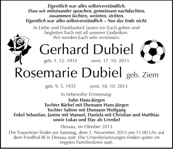 Traueranzeige von Gerhard und Rosemarie Dubiel von Mitteldeutsche Zeitung Dessau-Roßlau