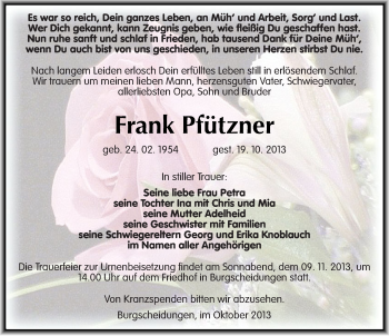 Traueranzeige von Frank Pfützner von Mitteldeutsche Zeitung Naumburg/Nebra