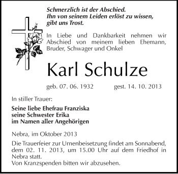 Traueranzeige von Karl Schulze von Mitteldeutsche Zeitung Naumburg/Nebra