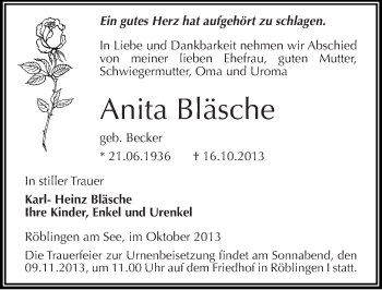Traueranzeige von Anita Bläsche von Mitteldeutsche Zeitung Mansfelder Land