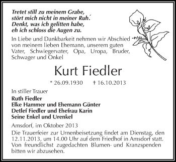 Traueranzeige von Kurt Fiedler von Mitteldeutsche Zeitung Mansfelder Land