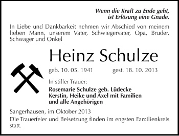 Traueranzeige von Heinz Schulze von Mitteldeutsche Zeitung Sangerhausen