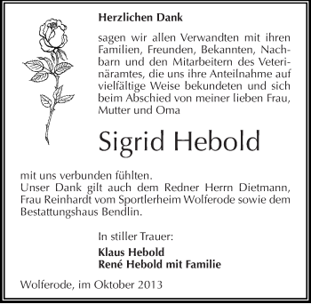 Traueranzeige von Sigrid Hebold von Mitteldeutsche Zeitung Mansfelder Land