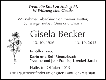 Traueranzeige von Gisela Becker von Mitteldeutsche Zeitung Halle/Saalkreis
