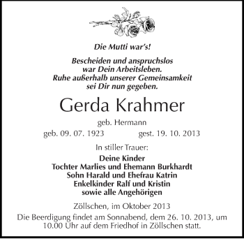 Traueranzeige von Gerda Krahmer von Mitteldeutsche Zeitung Merseburg/Querfurt