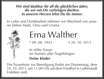 Traueranzeige von Erna Walther von Mitteldeutsche Zeitung Mansfelder Land
