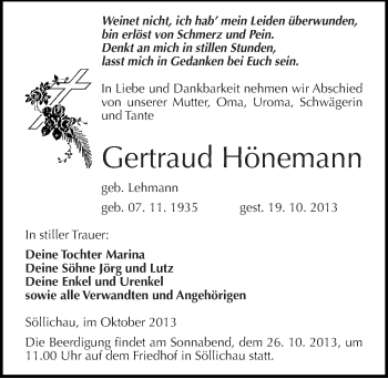Traueranzeige von Gertraud Hönemann von Mitteldeutsche Zeitung Wittenberg